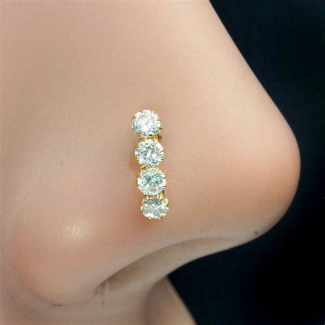 Vertical Style 4 Stone White CZ 14k Real Gold Indian nose ring ( Nath ...