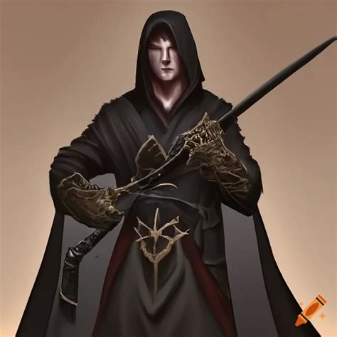 Male sorcerer in black robes with ominous shadows on Craiyon