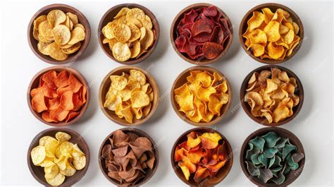 Different types of chips in bowls on a white background | Premium AI ...
