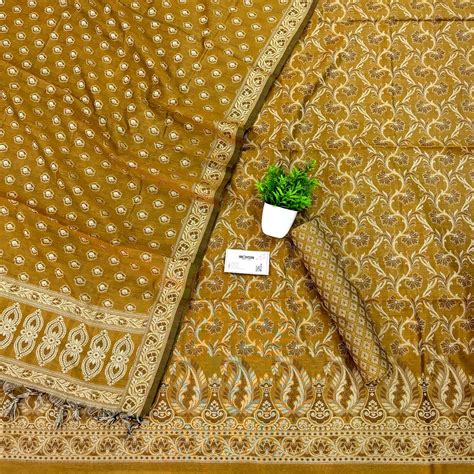 Dark Mustard Surahi Jaal Cotton Silk Banarasi Suit – Mohsin Textiles