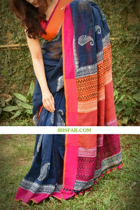 Linen saree in beautiful Night Blue, designer wear – Ibis Fab