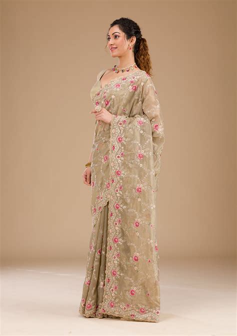 Buy Pista Green Threadwork Tissue Saree - Koskii