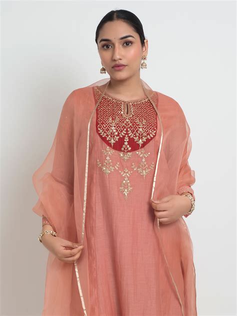 Light Blue Hand Embroidered Chanderi Suit - Set of 3