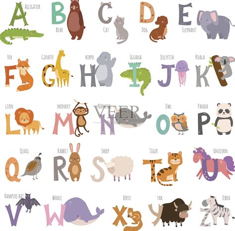 可爱的动物园字母表与卡通动物孤立的白色背景和垃圾垃圾字母野生动物学习排版可爱的语言向量插图设计元素图片_ID:124687257-Veer图库