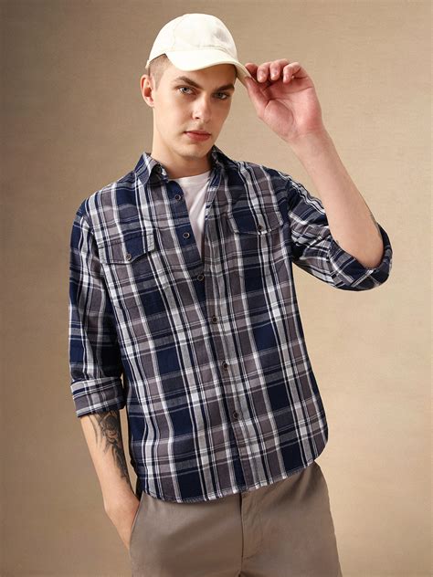 Men's Navy Checks Spread Collar Full Sleeves 100% Cotton Casual Shirt ...