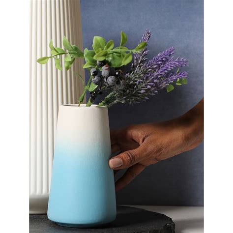 Buy Bonhomie White And Blue Ombre Ceramic Vase Online