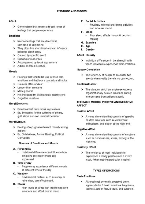 ME - moods and emotions notes - EMOTIONS AND MOODS Affect Generic term ...