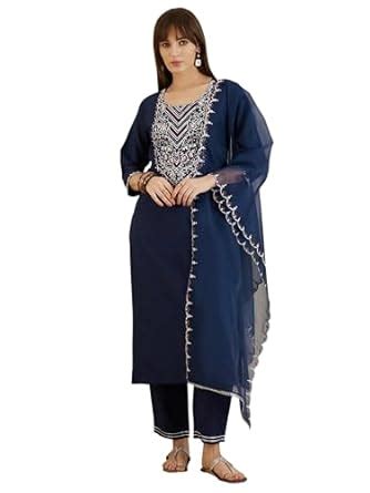 Buy INDO ERA Women's Embroidered Silk Blend Calf Length Straight Kurta ...