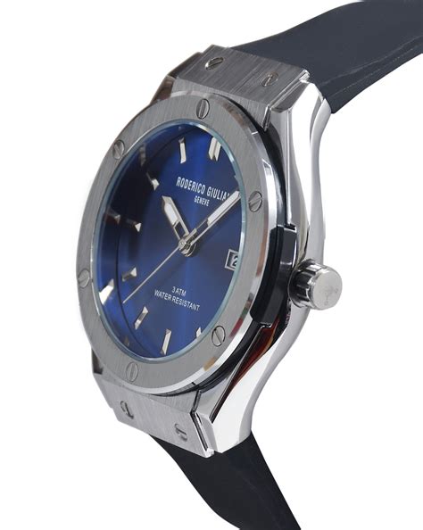 RODERICO GIULIANI ANALOG BLUE DIAL SILVER CASE BLACK SILICONE STRAP ME