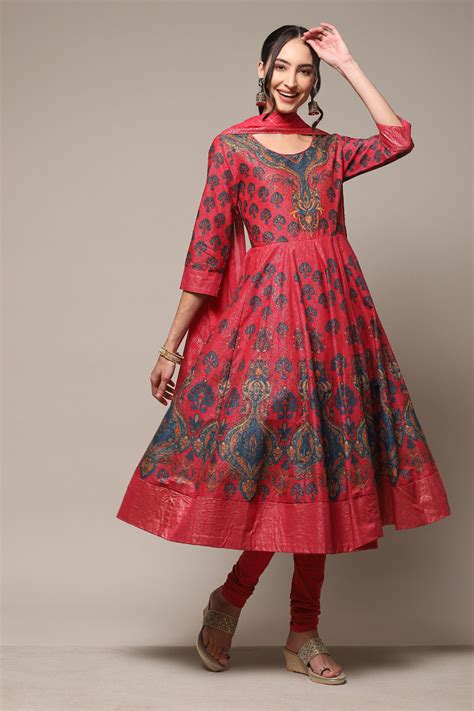 Crimson Red Cotton Anarkali Kurta Churidar Suit Set
