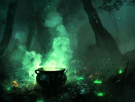 A cauldron of green smoke in a mystical forest | Premium AI-generated image