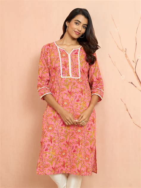 Women's Pink Floral Printed Cambric Cotton Kurta – vastramay