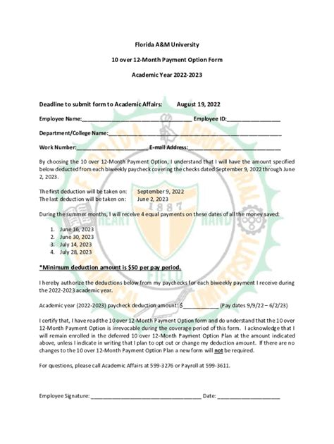 Fillable Online Florida A&M University 10 over 12-Month Payment Option ...