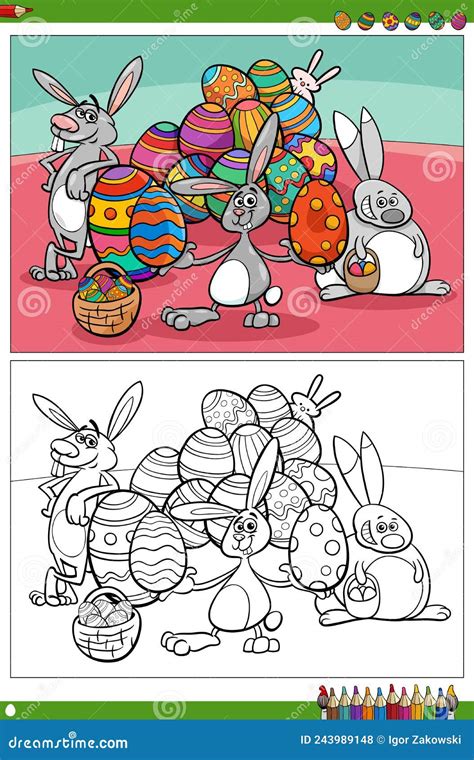 Easter Bunnies Characters with Eggs Coloring Book Page Stock Vector ...
