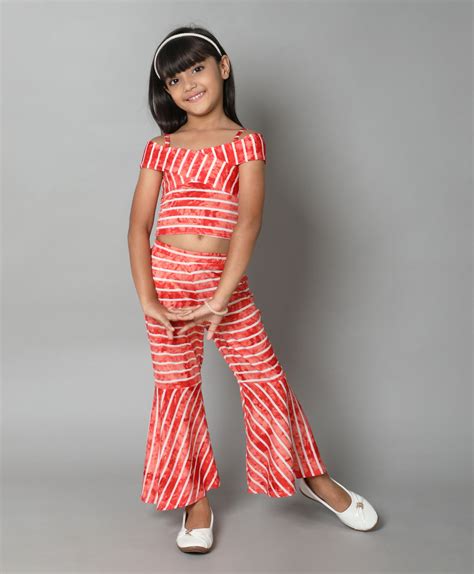 Shop Striped Off Shoulder Top And Bell Bottom Pant Set- Red Online ...