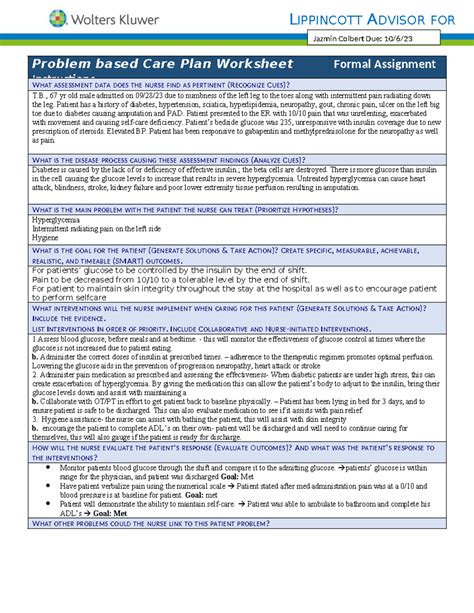 Problem based Care Plan - Graded - LIPPINCOTT ADVISOR FOR EDUCATION Problem based Care Plan ...