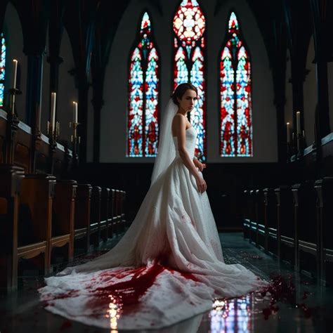 young woman in a blood-spattered wedding d...