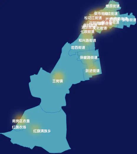echarts哈尔滨市南岗区geoJson地图根据经纬度显示自定义html弹窗演示实例 - 完竣世界