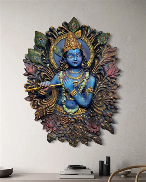 4X3 Feet Lord Krishna playing the flute 3D Relief Mural Wall Art – artociti