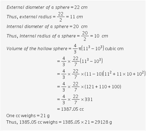 find the weight of a hollow sphere of metal having internal and ...