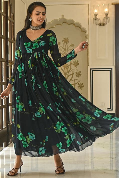 Buy Printed Blue Long Flared Dress - EverBloom India