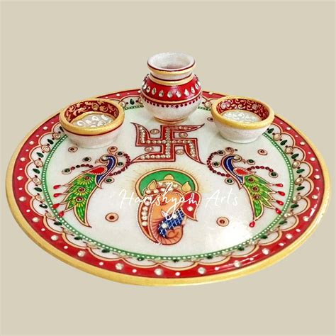 White Marble Puja Plate with Embossed Meenakari Work for Home Mandir a
