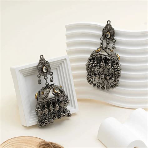 Antique Black Oxidised Dome Jhumka Earrings with Stone Detailing ...