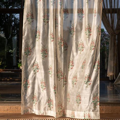 Off white Dewdrop Block Print Maheshwari Silk Sheer Curtain for Doors ...