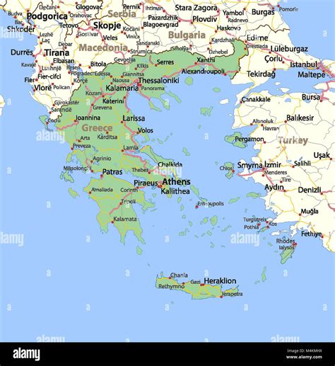 Map of Greece. Shows country borders, urban areas, place names and roads. Labels in English ...