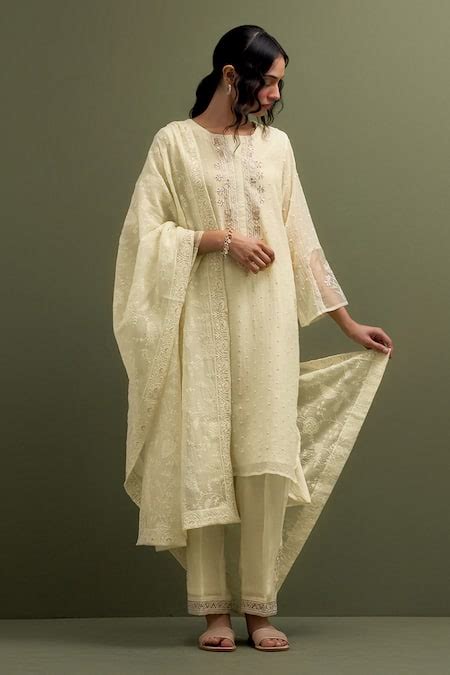 Buy Yellow Chanderi Embroidery, Sequins Collared Floral High Low Kurta ...