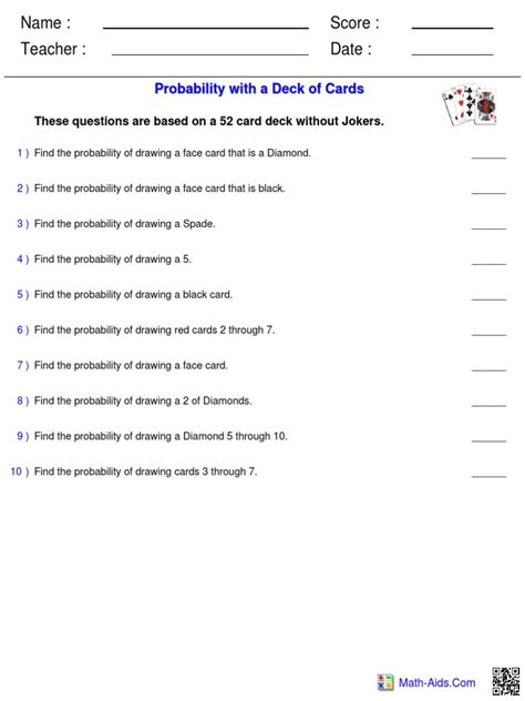 Probability - Cards Worksheet Basic Math Aids | PDF | Playing Cards ...