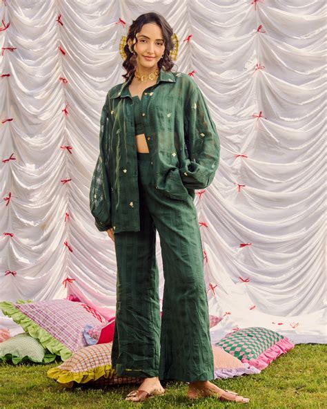 Shop Gina Green Embroidered Cotton Checks Solid Coord Set for ...