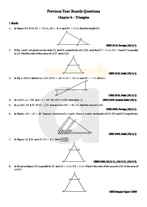 Previous Year Questions on Triangles - CBSE 823316646 - Studocu