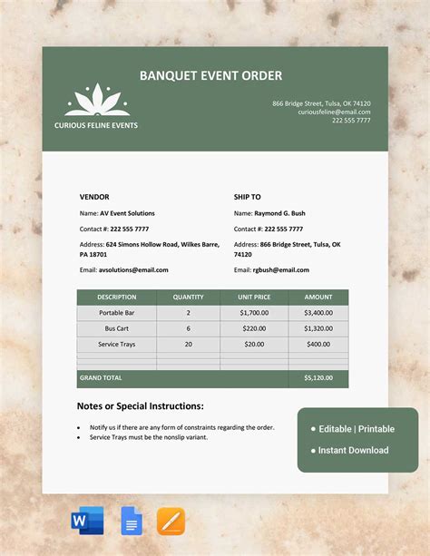 Free Banquet Event Order (BEO) Templates to Edit Online