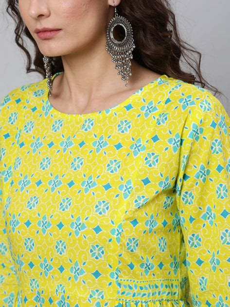 Wome Yellow Ethnic Printed Flared Dress With Three Quarter sleeves ...