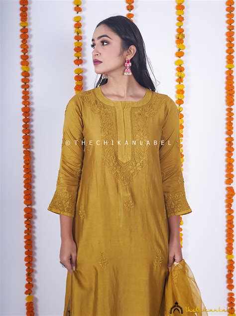 Mehndi Hiba Chanderi Chikankari Kurta Set