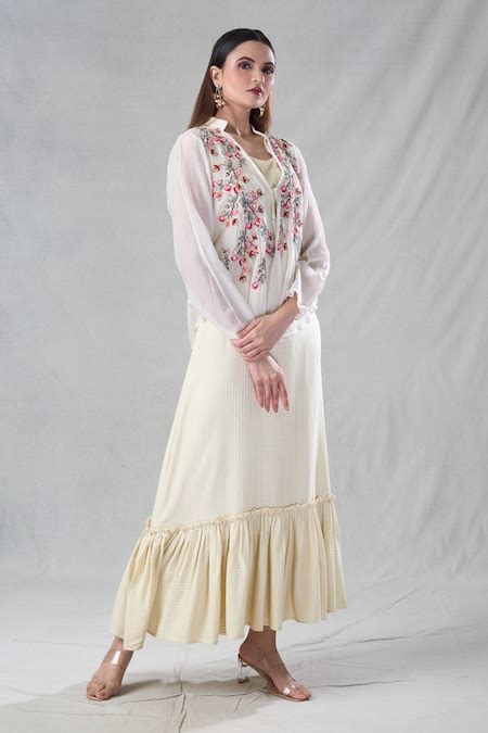 Buy Off White Organic Silk Embroidery Floral Dress Round Frill With ...