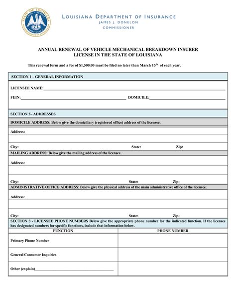 Louisiana Annual Renewal of Vehicle Mechanical Breakdown Insurer ...