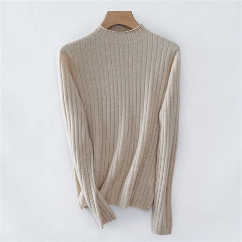 Ladies Fashion Ribbed Knitted Half Turtleneck 100% Cashmere Pullover ...