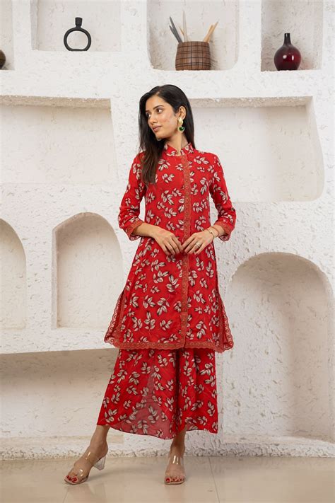 Netose Red Floral Printed Kurta Set – Netose By LakhNeet (I) Private ...