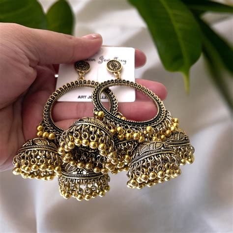 JB74 - Tri Jhumka Golden Circle Oxidised Earring (XL)
