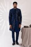 Buy Blue Raw Silk Embroidered Lotus Pond Sherwani Set For Men by Tira ...