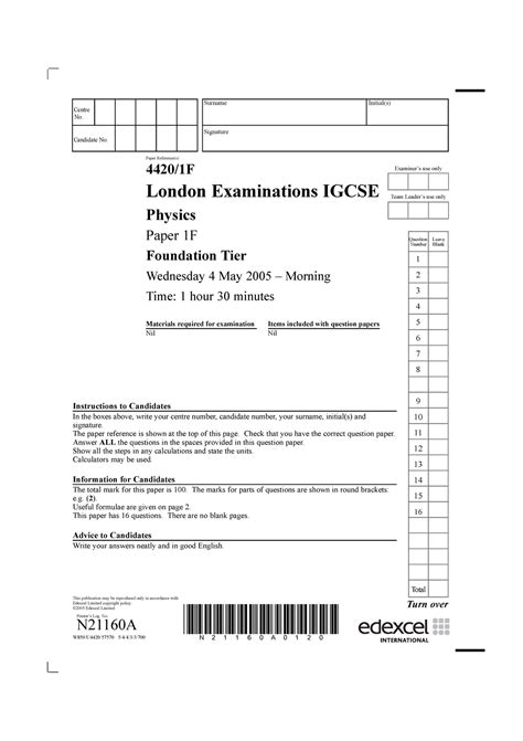 Physics IGCSE 2005 Paper 1F Foundation Tier Exam Questions - Studocu