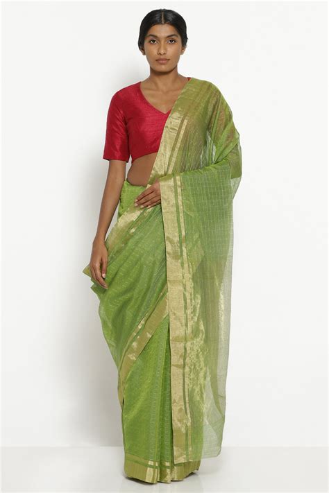 Leaf Green Silk Cotton Chanderi Check Saree – Via East