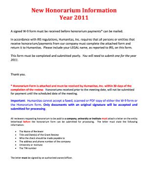 Fillable Online W-9 and Honorarium Form - Grant Review Info Fax Email ...