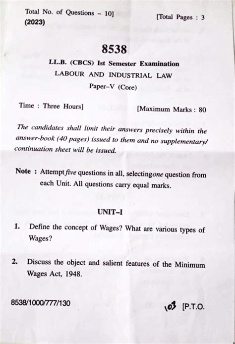 Labour and Industrial Law Semester -I LLb - Total No. of Questions ...