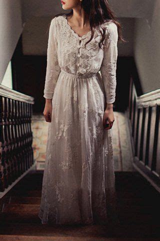 Vintage V Neck Long Sleeve Pure Color Maxi Dress For Women | Floral ...