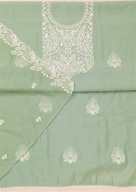 Buy Sea Green Threadwork Semi Crepe Unstitched Salwar Suit - Koskii