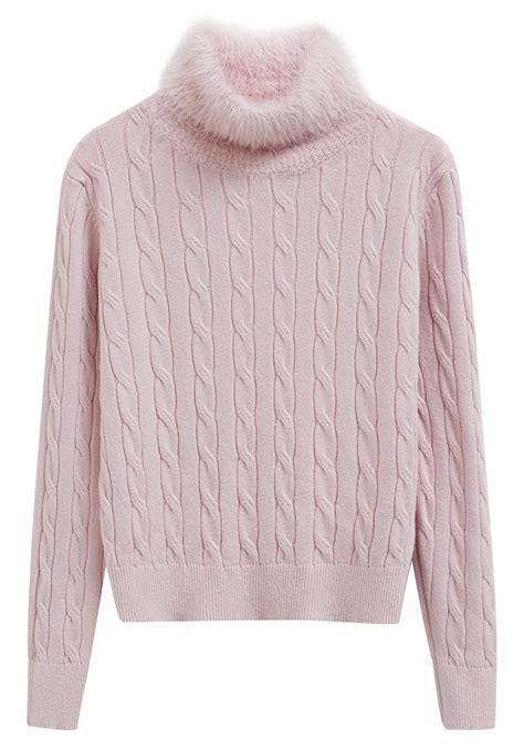 Soft Fuzzy Turtleneck Cable Knit Sweater in Pink - Retro, Indie and ...