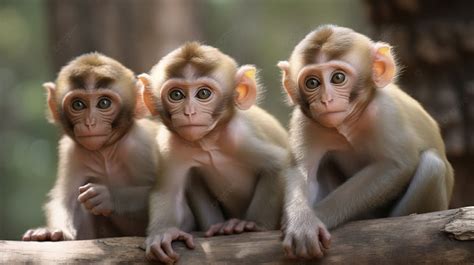 3 Monkeys Sitting On A Branch With Their Eyes Looking Background ...